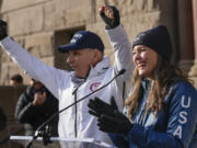 Fraser Bullock, left, president and CEO of the Salt Lake City-Utah Committee for the Games and Salt Lake City Mayor Erin Mendenhall celebrate at City Hall, Wednesday, Nov. 29, 2023, following the announcement by the International Olympic Committee of Salt Lake City as a "preferred host" of the 2034 Olympic Games following an IOC live broadcast from Paris.