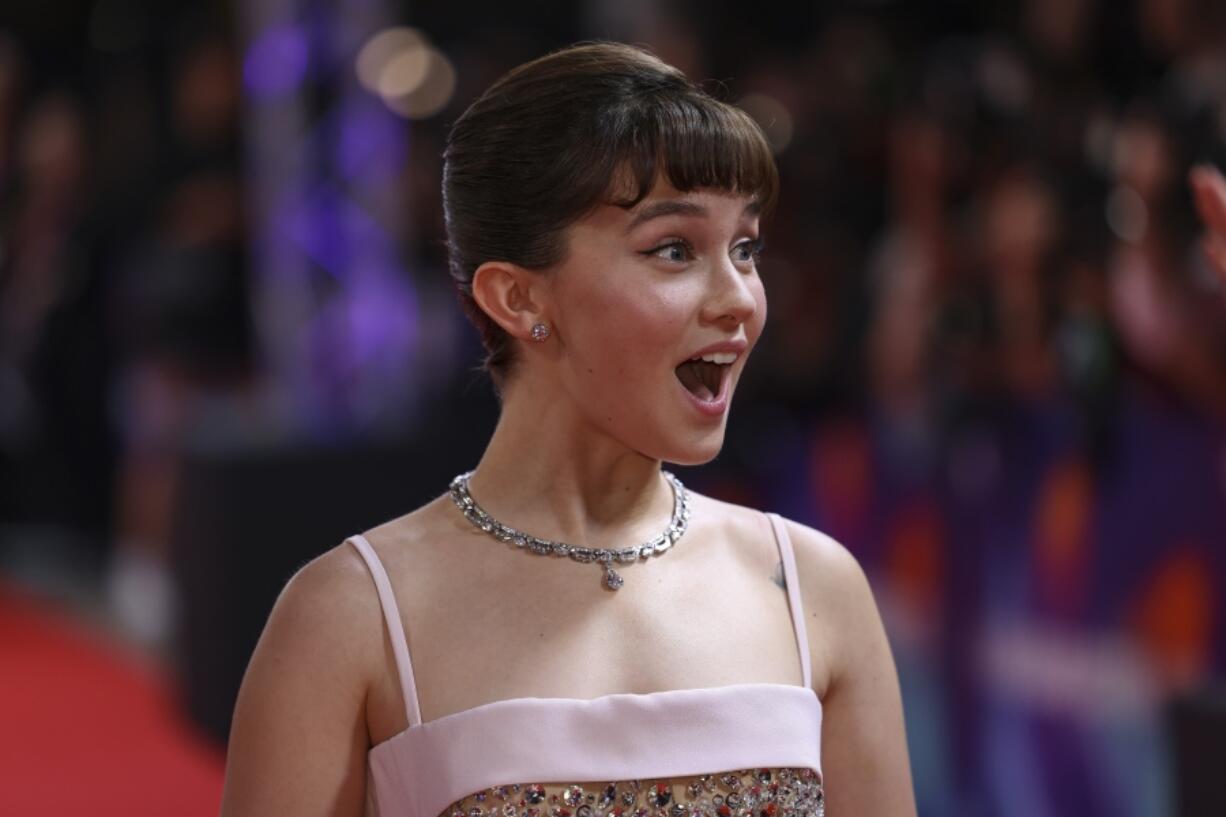 Cailee Spaeny poses for photographers Oct. 9 upon arrival for the premiere the film &ldquo;Priscilla&rdquo; at the 2023 London Film Festival in London.