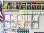 FILE - Instructional materials are posted on a wall of a kindergarten class in Maryland on Tuesday, Jan. 24, 2023. The proportion of U.S. kindergartners exempted from school attendance vaccination requirements has hit its highest level ever, 3%, U.S. health officials said Thursday, Nov. 9, 2023.