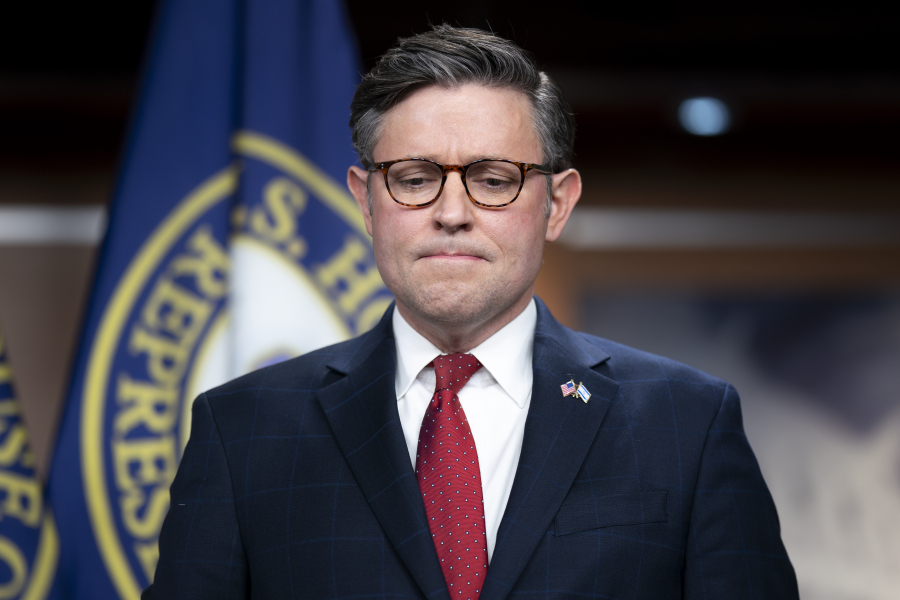 Speaker of the House Mike Johnson, R-La., meets with reporters ahead of a crucial vote on a continuing resolution to keep the government funded at its current levels, a measure not heartily supported by the hard right wing of his party, at the Capitol in Washington, Tuesday, Nov. 14, 2023. (AP Photo/J.