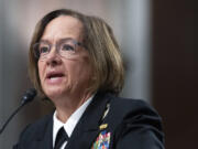 FILE - Navy Adm. Lisa Franchetti speaks during a Senate Armed Services Committee hearing on her nomination for reappointment to the grade of admiral and to be Chief of Naval Operations, Sept. 14, 2023, on Capitol Hill in Washington. The Senate circumvented a hold by Alabama Sen. Tommy Tuberville on Thursday and confirmed Franchetti to lead the Navy, making her the first woman to be a Pentagon service chief and the first female member of the Joint Chiefs of Staff.