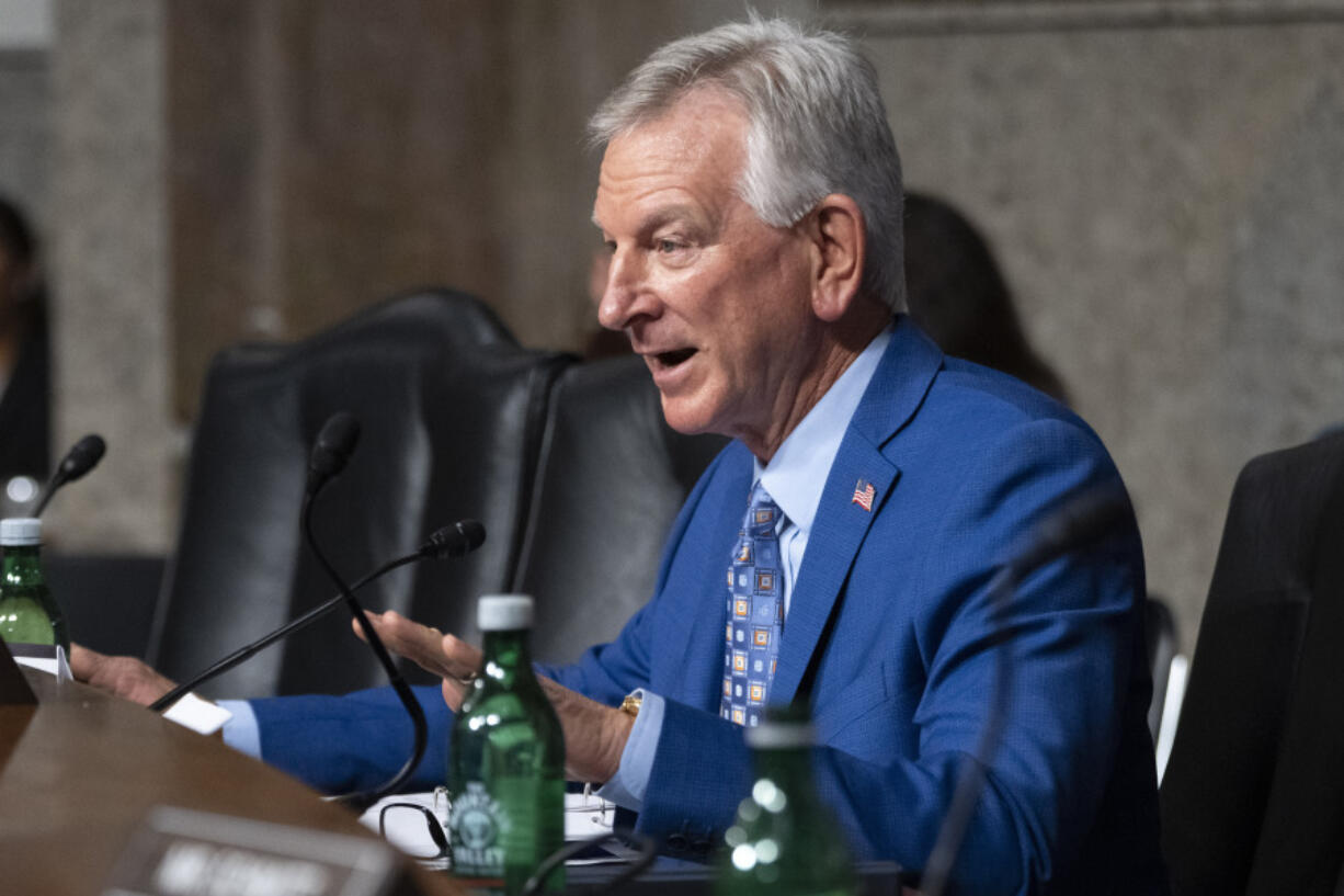 FILE - Sen. Tommy Tuberville, R-Ala., questions Navy Adm. Lisa Franchetti during a Senate Armed Services Committee hearing on her nomination for reappointment to the grade of admiral and to be Chief of Naval Operations, Sept. 14, 2023, on Capitol Hill in Washington. The Senate circumvented a hold by Tuberville on Thursday and confirmed Adm.