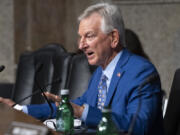 FILE - Sen. Tommy Tuberville, R-Ala., questions Navy Adm. Lisa Franchetti during a Senate Armed Services Committee hearing on her nomination for reappointment to the grade of admiral and to be Chief of Naval Operations, Sept. 14, 2023, on Capitol Hill in Washington. The Senate circumvented a hold by Tuberville on Thursday and confirmed Adm.