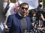 FILE - Rep. George Santos, D-N.Y., speaks to reporters as he leaves the federal courthouse in Central Islip, N.Y., Wednesday, May 10, 2023. The House Ethics panel says it has found &ldquo;substantial evidence&rdquo; of lawbreaking by Republican Rep. George Santos of New York and has referred its findings to the Justice Department. The committee said Thursday that Santos&rsquo; conduct warrants public condemnation, is beneath the dignity of the office, and has brought severe discredit upon the House.