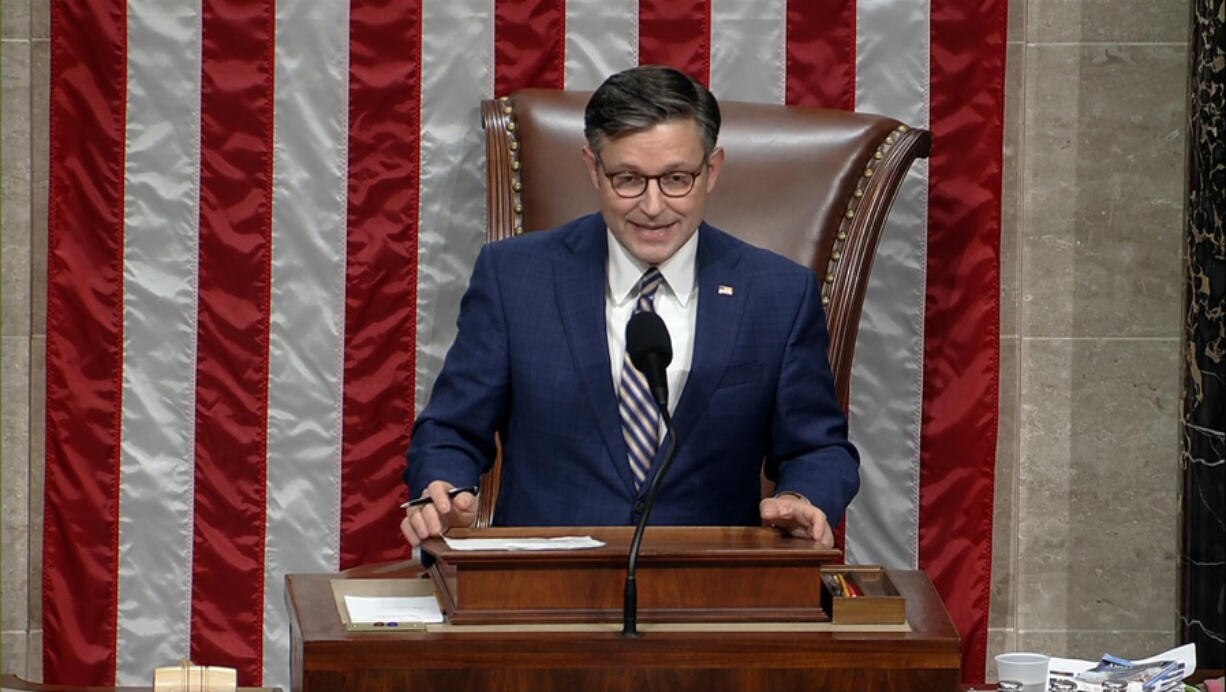 This image from House Television video shows House Speaker Mike Johnson of La., announcing Tuesday, Nov. 7, 2023, the vote total as the House votes to censure Rep. Rashida Tlaib, D-Mich., for her rhetoric about the Israel-Hamas war.