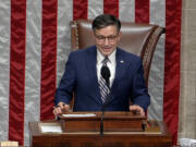 This image from House Television video shows House Speaker Mike Johnson of La., announcing Tuesday, Nov. 7, 2023, the vote total as the House votes to censure Rep. Rashida Tlaib, D-Mich., for her rhetoric about the Israel-Hamas war.