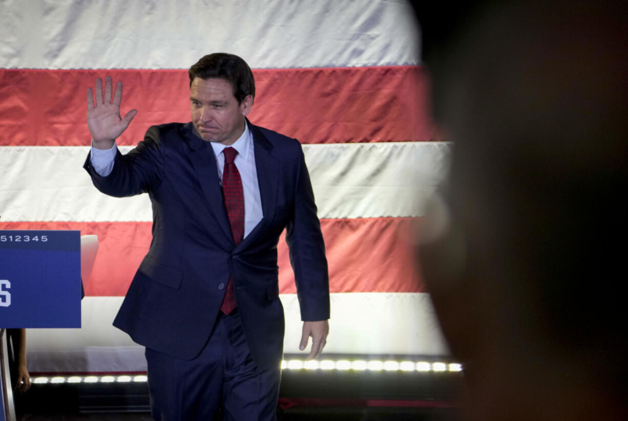 Republican presidential candidate Florida Gov. Ron DeSantis speaks during a rally with Iowa Gov. Kim Reynolds, Monday, Nov. 6, 2023, in Des Moines, Iowa.