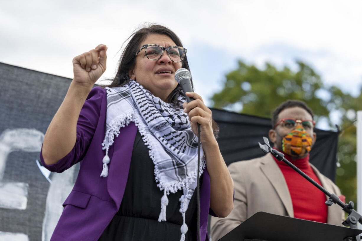 FILE - Rep. Rashida Tlaib, D-Mich., speaks during a demonstration calling for a ceasefire in Gaza, Oct. 18, 2023, near the Capitol in Washington. On Monday, Nov. 6, Tlaib responded to criticisms from fellow Democrats regarding a video she posted Friday, Nov.