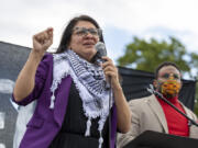 FILE - Rep. Rashida Tlaib, D-Mich., speaks during a demonstration calling for a ceasefire in Gaza, Oct. 18, 2023, near the Capitol in Washington. On Monday, Nov. 6, Tlaib responded to criticisms from fellow Democrats regarding a video she posted Friday, Nov.