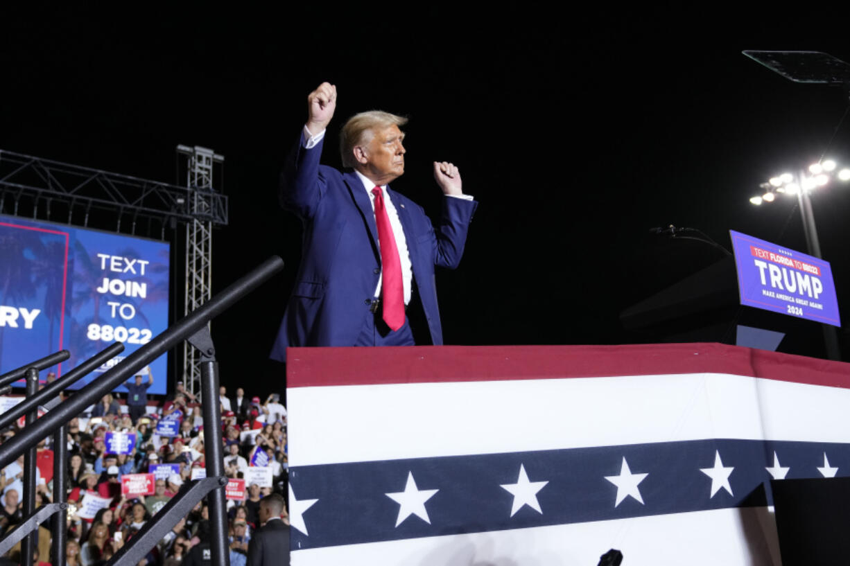 Former President Donald Trump wraps up a campaign rally in Hialeah, Fla., Wednesday, Nov. 8, 2023.