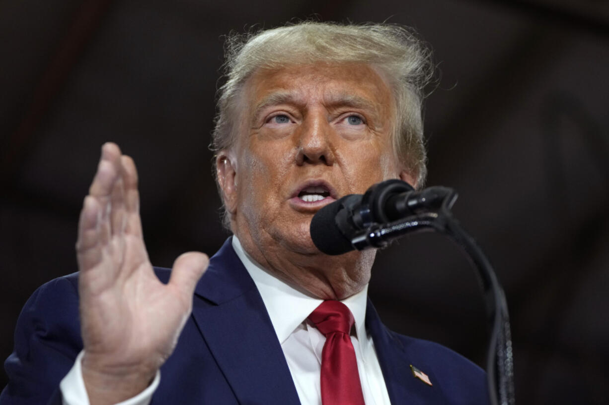 FILE - Former President Donald Trump speaks during a commit to caucus rally, Monday, Oct. 16, 2023, in Adel, Iowa. Trump is scheduled to speak at a commitment to caucus event in Nevada on Saturday, Oct. 28.