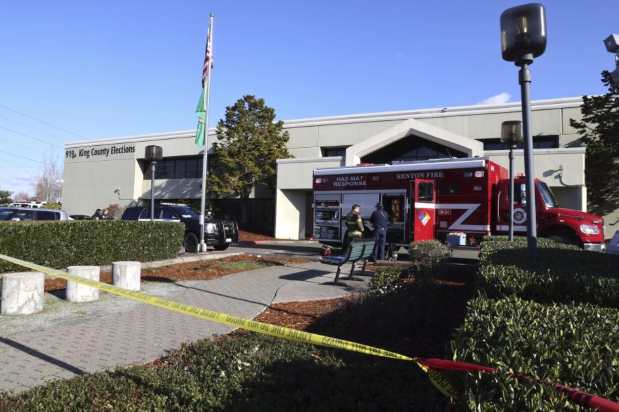 Emergency and law enforcement agencies respond to a possible hazmat situation at the King County Elections office in Renton, Wash., Wednesday, Nov. 8, 2023. Four county elections offices in Washington state were evacuated Wednesday after they received envelopes containing suspicious powders &mdash; including two that field-tested positive for fentanyl &mdash; while workers were processing ballots from Tuesday&rsquo;s election.