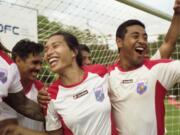 Hilo Pelesasa, from left, Ioane Goodhue, Kaimana and Beulah Koale in a scene from &ldquo;Next Goal Wins.&rdquo; (Searchlight Pictures)