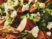 Using vegan feta cheese instead of regular feta in this green salad with pears, pomegranate seeds and roasted butternut squash makes this Thanksgiving side dish vegan.