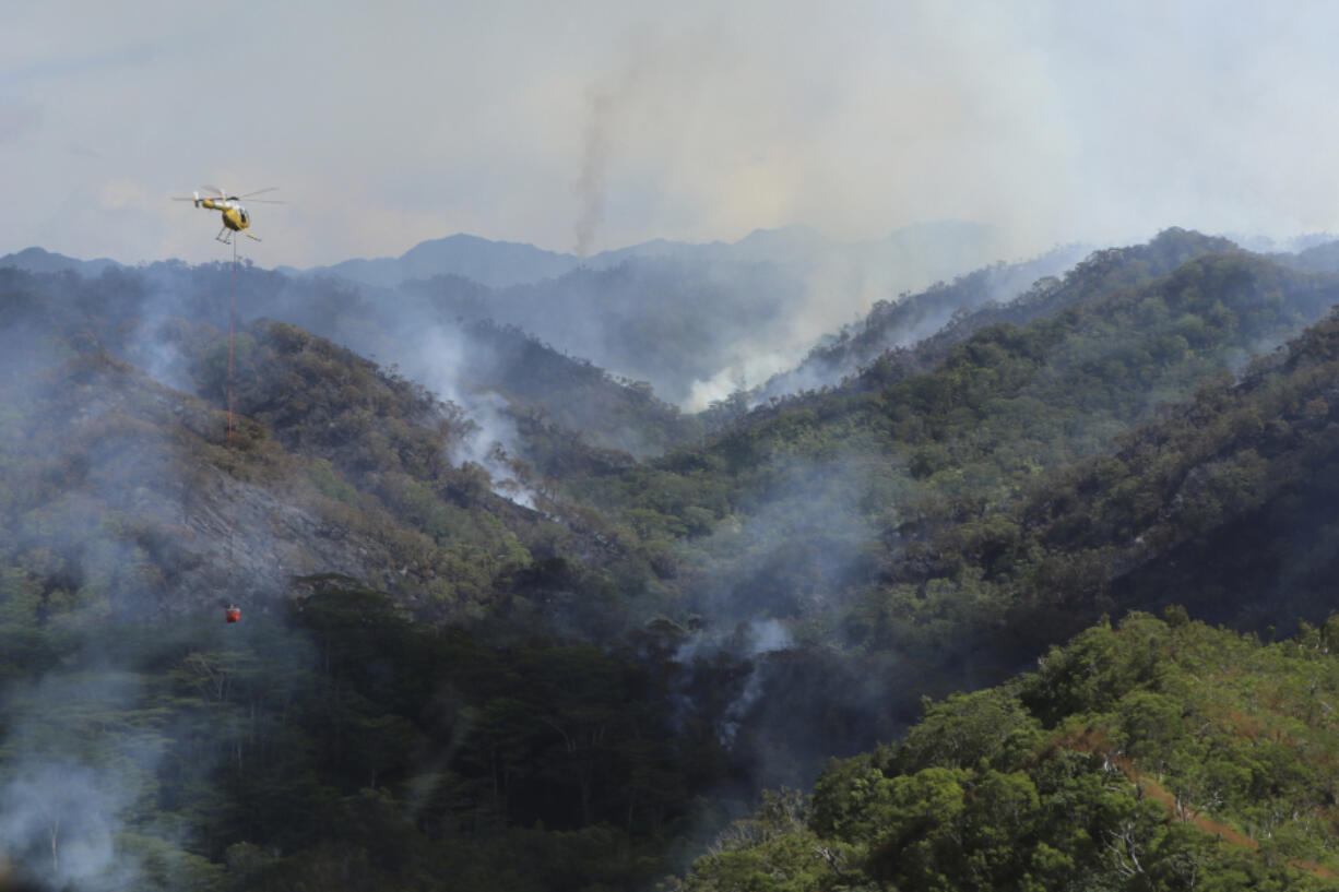 This photo provided by the Hawaii Department of Land and Natural Resources shows an Army helicopter carrying water to douse a wildfire burning east of Mililani, Hawaii, on Thursday, Nov. 2, 2023. A wildfire that has burned forestlands in a remote mountainous area of Central Oahu has moved eastward and away from population centers as firefighters continued to battle the blaze.