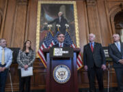 Speaker of the House Mike Johnson, R-La., center, is joined by, from left, Judiciary Committee Chairman Jim Jordan, R-Ohio, Republican Conference Chair Elise Stefanik, R-N.Y., Majority Whip Tom Emmer, R-Minn., and Oversight and Accountability Committee Chairman James Comer, R-Ky., as House Republicans meet with reporters to discuss their efforts to investigate President Joe Biden and his son Hunter Biden, at the Capitol in Washington, Wednesday, Nov. 29, 2023. (AP Photo/J.