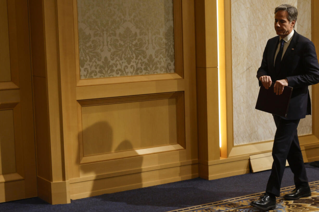 U.S. Secretary of State Antony Blinken leaves after holding a press conference after attending a session of the Group of 7 Foreign Ministers meetings in Tokyo, Wednesday, Nov. 8, 2023.