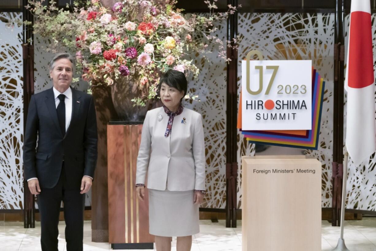 U.S. Secretary of State Antony Blinken, left, and Japan&rsquo;s Foreign Minister Yoko Kamikawa, ahead of the working dinner during the G7 Foreign Ministers&rsquo; Meeting at the Iikura Guest House, Tuesday Nov. 7, 2023 in Tokyo, Japan.