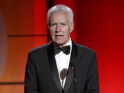 FILE - In this April 30, 2017, file photo, Alex Trebek speaks at the 44th annual Daytime Emmy Awards at the Pasadena Civic Center in Pasadena, Calif. Trebek says he's already rehearsed what he's going to say to the audience on his final show. Trebek, host of the popular game show since 1984, announced last March that he'd been diagnosed with stage 4 pancreatic cancer but will continue his job while still able. In an interview on ABC-TV broadcast Thursday, Trebek said he'll ask the director to leave him 30 seconds at the end of his last taping.