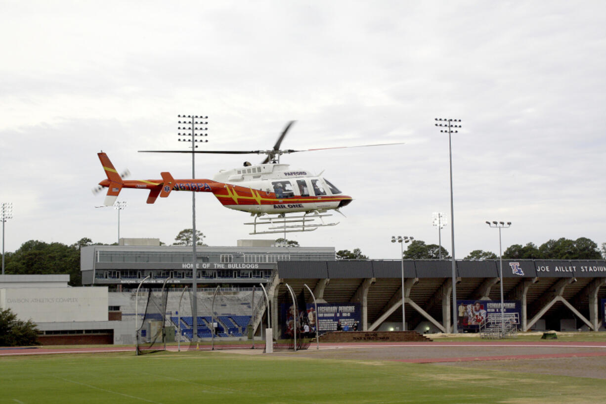 A Pafford EMS medical transport helicopter lifts off from outside Joe Aillet Stadium on the Louisiana Tech University campus to transport a victim from a morning stabbing incident that took place at the Lambright Sports &amp; Wellness Center, in Ruston, La., Monday, Nov. 13, 2023.