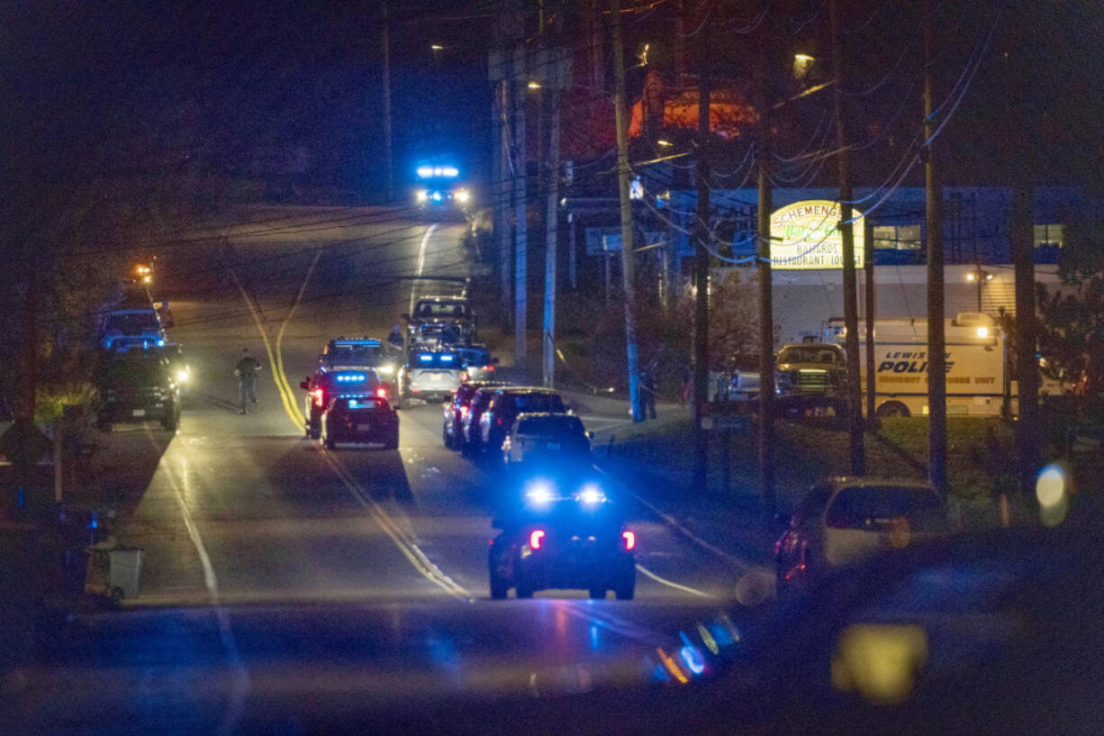 Police respond to an active shooter situation in Lewiston, Maine, Wednesday, Oct. 25, 2023. (AP Photo/Robert F.