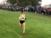 Columbia River junior Jacob McManus approaches the finish line to place second in the Class 2A boys race at the state cross country championships on Saturday, Nov, 4, 2023 in Pasco.