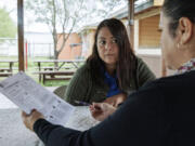 Children&rsquo;s Defense Fund program director Graciela Camarena assists Lucia Salazar with filling out Medicaid and SNAP application forms for her family in Pharr, Texas, Monday, Nov. 13, 2023. As the state reviews Texans&rsquo; eligibility, some 1 million people have already lost Medicaid and organizations like the one Graciela works for assist people in applying again.