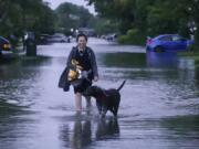 Bernadette Romero Eden walks her dog &ldquo;Pitaya&rdquo; on a flooded street in Oakland Park Fla., Thursday, Nov. 16, 2023.