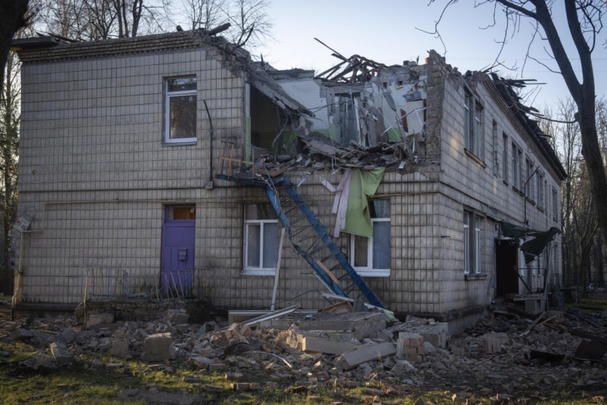 A damaged kindergarten following a Russian drone attack in Kyiv, Ukraine, Saturday, Nov. 25, 2023. Russia launched its most intense drone attack on Ukraine since the beginning of its full-scale invasion on Saturday morning, military officials said.