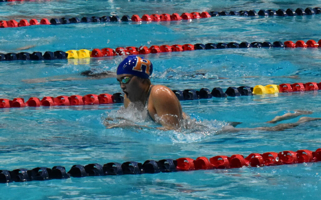 Rebecca Yamada of Ridgefield, shown here at the 2023 girls swimming and diving state championships, captured two individual district titles at Saturday's 2A/1A meet in Longview.