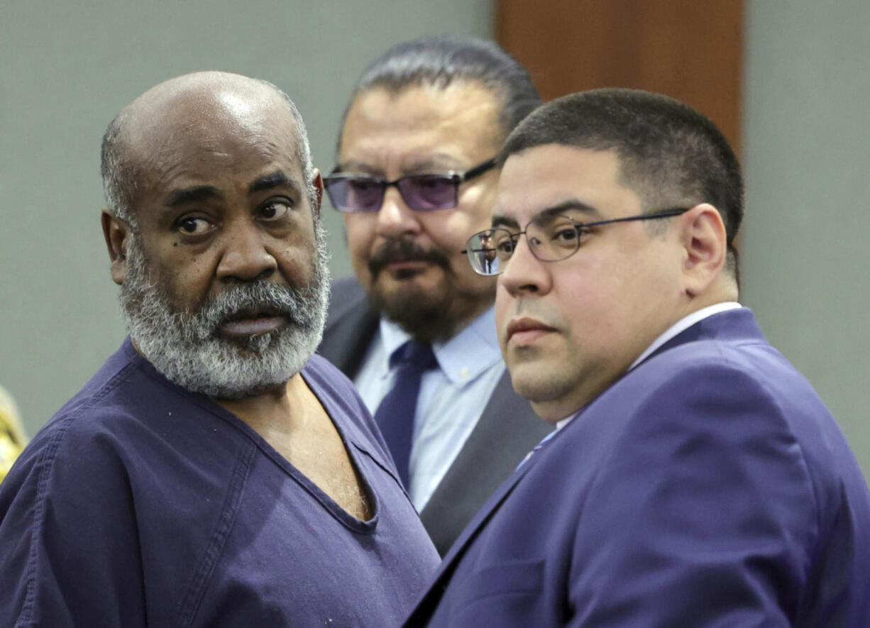 Duane Keith &ldquo;Keffe D&rdquo; Davis, left, with deputy special public defenders Robert Arroyo, right, and Charles Cano, rear, appears for his arraignment at the Regional Justice Center, Thursday, Nov. 2, 2023, in Las Vegas. Davis, a former Southern California street gang leader, pleaded not guilty Thursday to orchestrating a drive-by shooting that killed Tupac Shakur in 1996 in Las Vegas.
