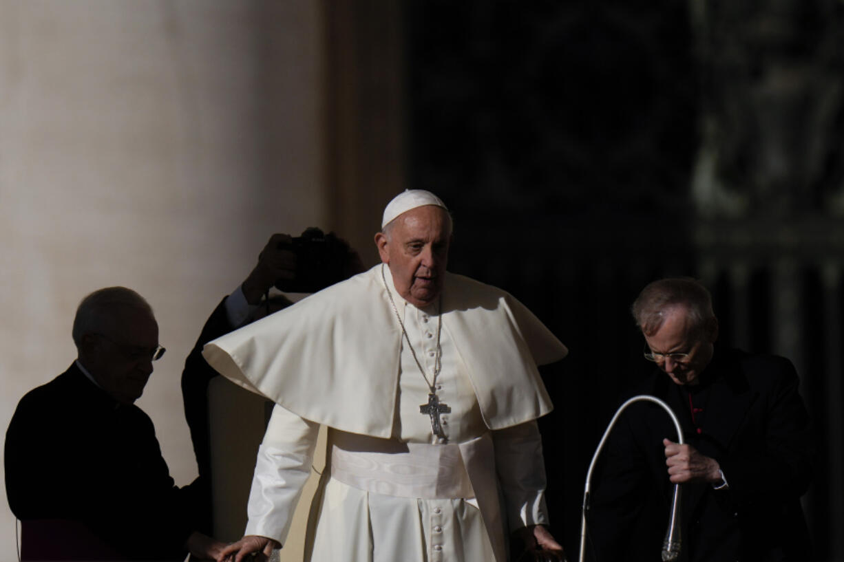 Pope Francis arrives for his weekly general audience in St. Peter&rsquo;s Square, at the Vatican, Wednesday, Nov. 8, 2023.