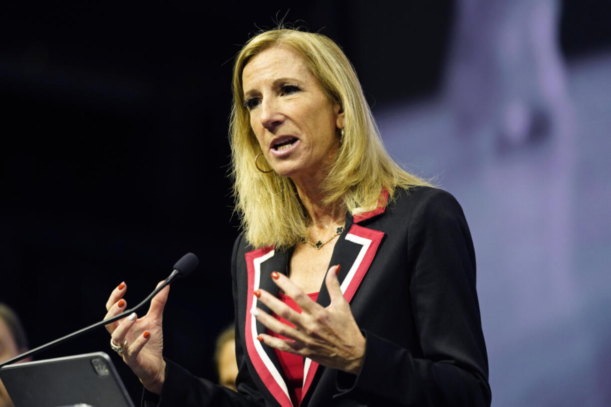 WNBA Commissioner Cathy Engelbert announces an expansion franchise for the San Francisco Bay Area at Chase Center in San Francisco, Thursday, Oct. 5, 2023. The team will begin play in the 2025 season.