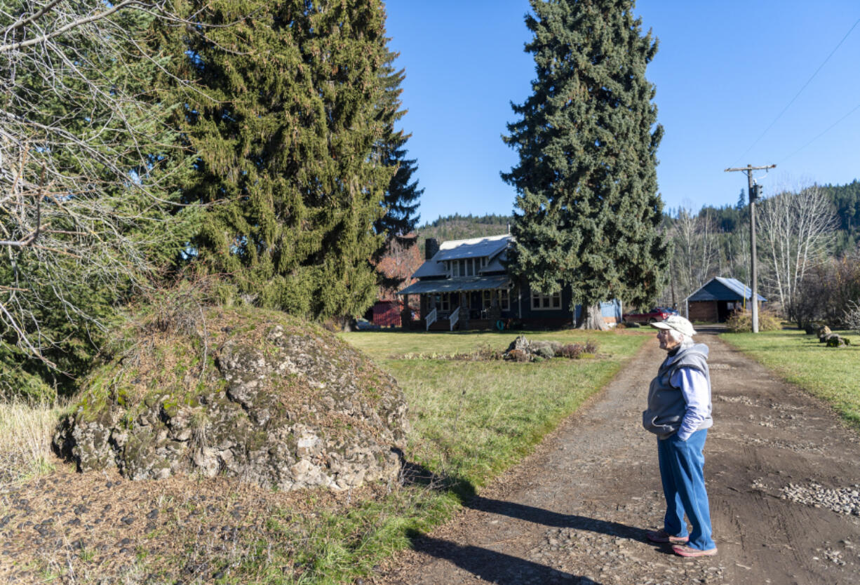 Pat Arnold points to boulders that were presumably carried from Mount Adams&rsquo; Trout Lake mudflow 6,000 years ago. &ldquo;A strong force must have moved those downward,&rdquo; she said.