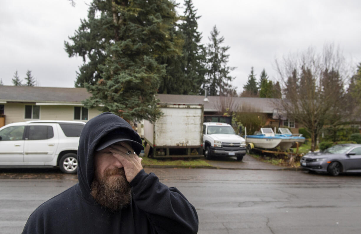 Abe Lepak speaks to the media after five people were killed Sunday in an apparent murder-suicide in his Orchards neighborhood, according to the Clark County Sheriff&rsquo;s Office, as seen Monday morning.