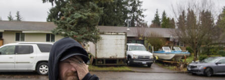 Abe Lepak speaks to the media after five people were killed Sunday in an apparent murder-suicide in his Orchards neighborhood, according to the Clark County Sheriff&rsquo;s Office, as seen Monday morning.