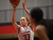 Camas senior Addison Harris shoots a free throw Friday, Dec. 15, 2023, during the Papermakers’ 58-46 win against Eastlake at Camas High School.