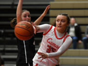 Camas junior Keirra Thompson, shown here during a December game against Eastlake, had 11 points and nine assist in Friday's 70-29 bi-district win over Emerald Ridge.