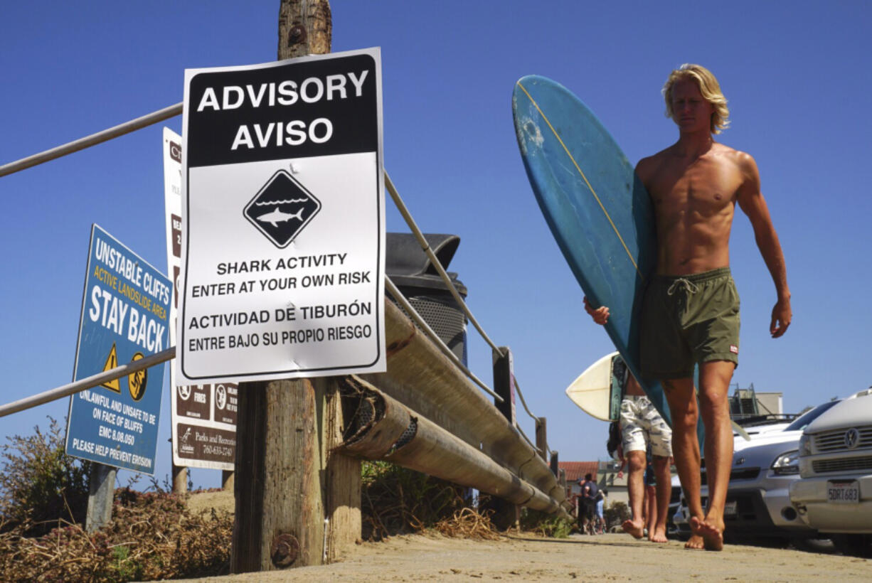 A sign warning beachgoers about shark activity is posted at the top of the trail leading down to Beacon&rsquo;s Beach in Leucadia on July 26, 2019, in Encinitas, Calif.