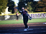 Union&rsquo;s Victoria Ross delivers a pitch during a 15-11 win over Skyview in the 4A district slowpitch softball championship game at Heritage High School on Thursday, Oct. 19, 2023.