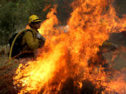 U.S. Forest Service firefighters in the Angeles National Forest burn piles of forest debris below Mt. Baldy on Wednesday, Nov. 29, 2023. Controlled burns are part of the service&rsquo;s forest management practices.