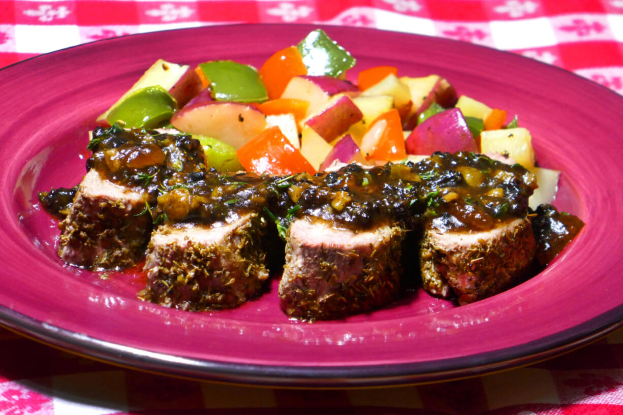 Provencal Pork with Pepper Potatoes. Sauteed potatoes with red and green peppers are a perfect accompaniment to balance out the meal. To speed up the cooking, I first microwave the potatoes and peppers and then finish sauteing them in the same skillet used to make the pork.