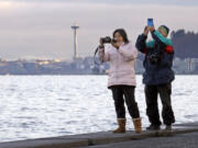 Anna Tsoi, left, and her husband, Tin Fuk, stand on a seawall and take photos of Puget Sound during an unusually high tide, often called a &ldquo;king tide,&rdquo; on Dec. 27, 2018, in Seattle.