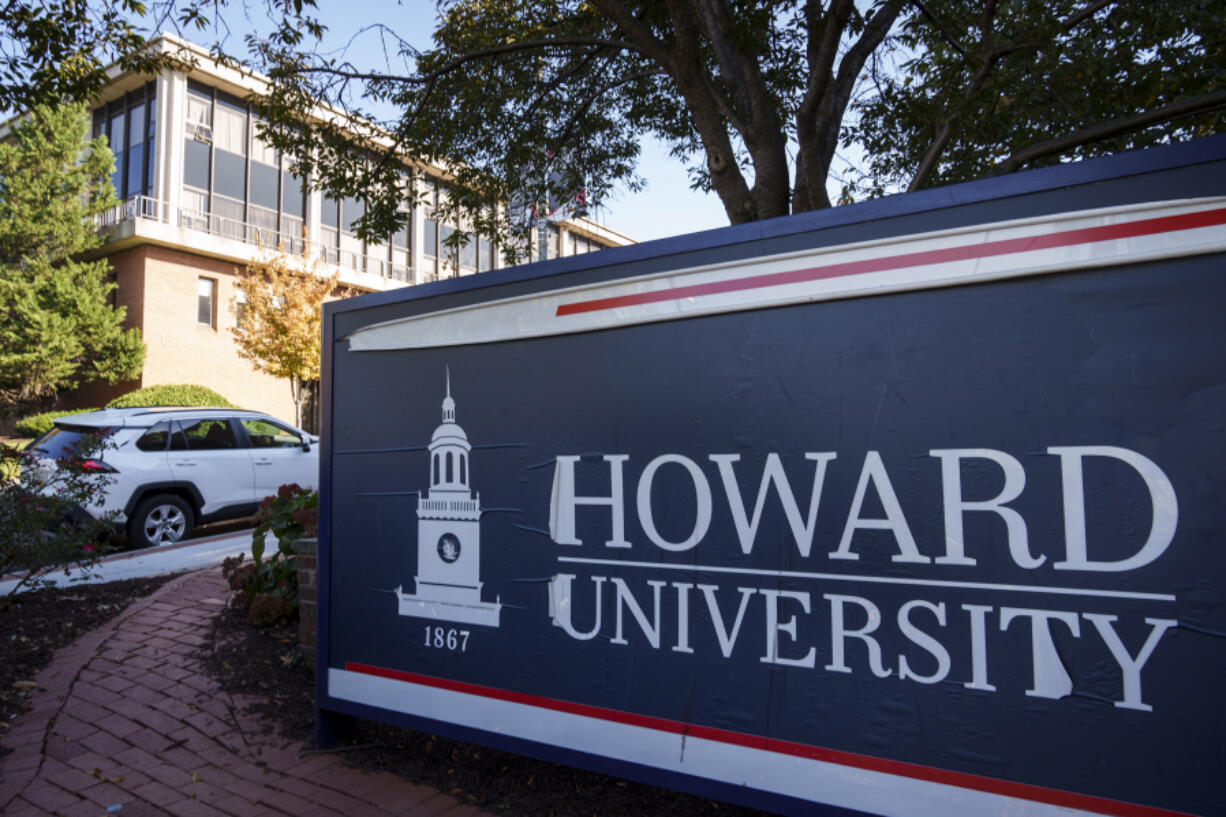 An entrance sign near the main gate at Howard University Oct. 25, 2021, in Washington, DC. Students have complained about mold and poor conditions in some dorm rooms and over 100 students have been staging a weeks-long protest to highlight the issues.