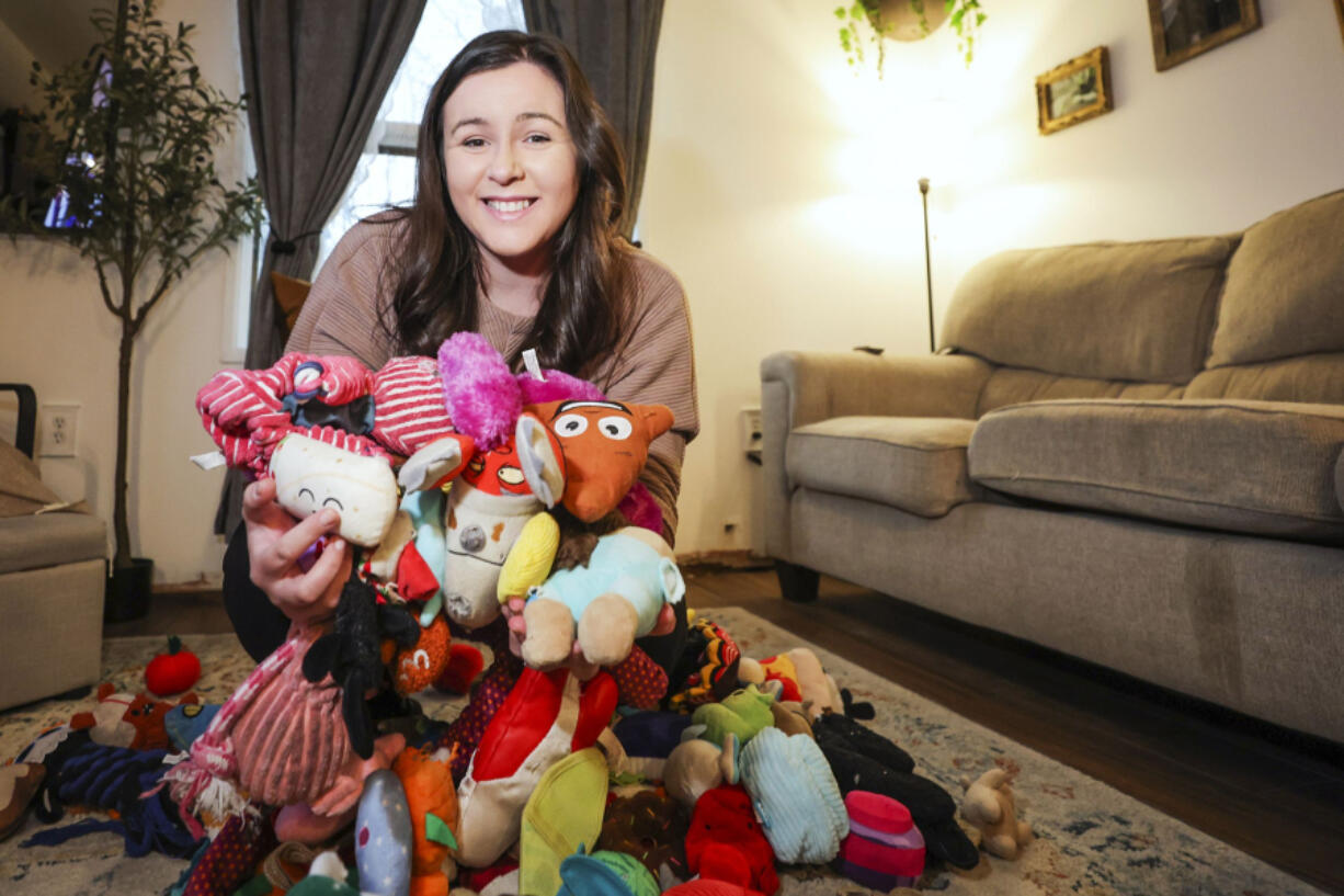 Caitlin Parylak surrounded by her dog toys inside her Northeast Philadelphia home. Parylak collects other people&rsquo;s used pet toys, makes them like new, and then gives them to animal shelters.