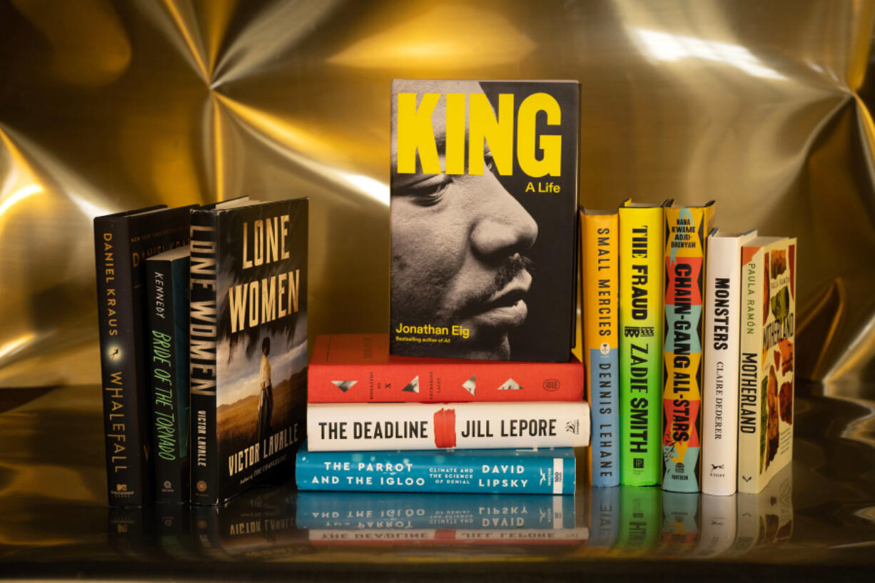 Annual best books of the year, from left, &ldquo;Whalefall&rdquo; by Daniel Krauss, &ldquo;Bride of the Tornado&rdquo; by James Kennedy, &ldquo;Lone Women&rdquo; by Victor Lavalle, &ldquo;King, A Life&rdquo; by Jonathan Eig, &ldquo;Biography of X&rdquo; by Catherine Lacey, &ldquo;The Deadline&rdquo; by Jill Lepore, &ldquo;The Parrot and the Igloo&rdquo; by David Lipsky, &ldquo;Small Mercies&rdquo; by Dennis Lehane, &ldquo;The Fraud&rdquo; by Zadie Smith, &ldquo;Chain-Gang All-Stars&rdquo; by Nana Kwame Adjei-Brenyahu, &ldquo;Monsters&rdquo; by Claire Dederer and &ldquo;Motherland&rdquo; by Paula Ram&oacute;n. (E.