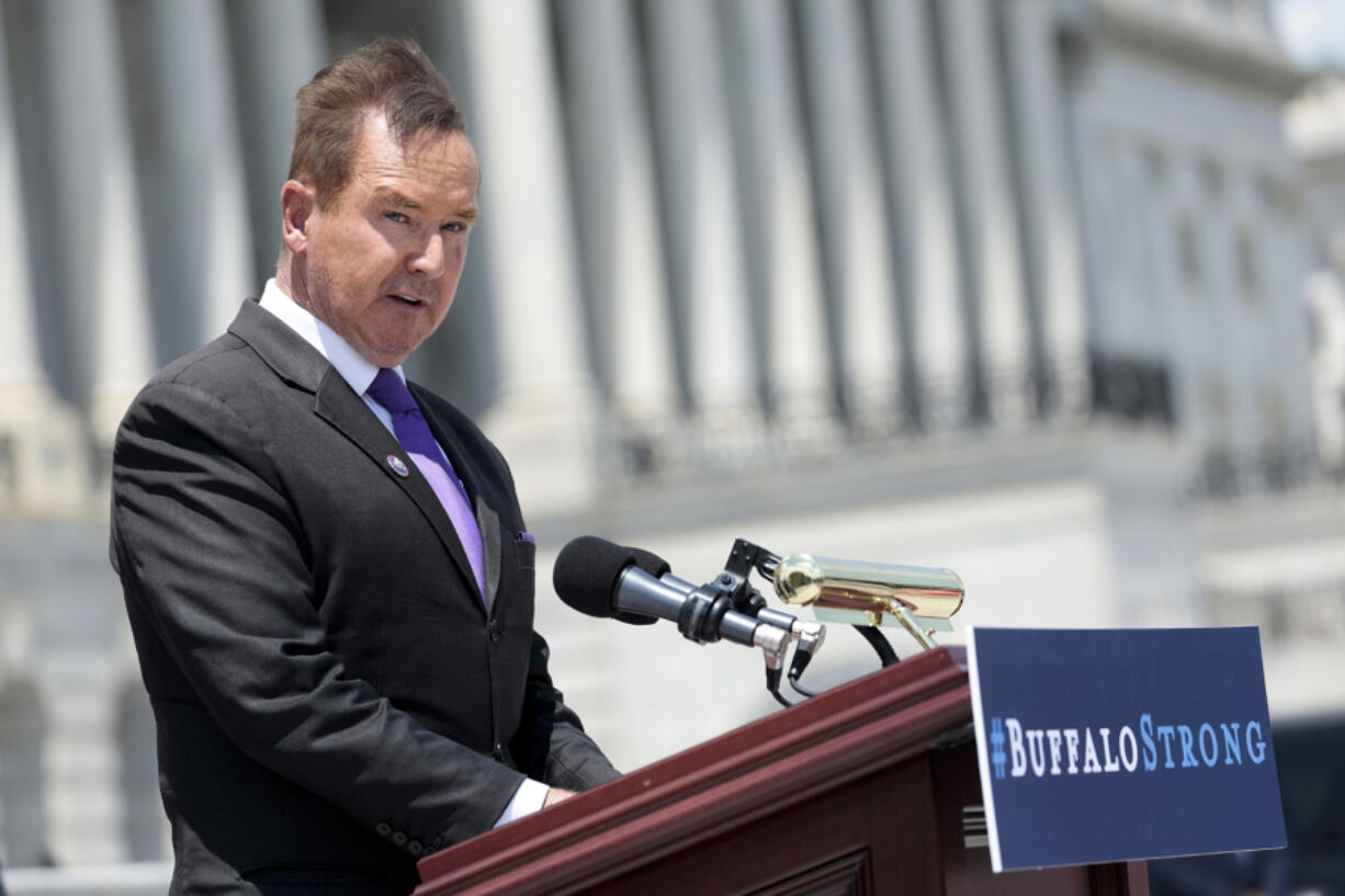 Rep. Brian Higgins (D-NY) delivers remarks at a Congressional Tri-Caucus event on the mass shooting at the Tops Grocery Store in Buffalo, NY, from the House East Front Steps at the U.S. Capitol on May 19, 2022, in Washington, DC. Members from the Congressional Black Caucus, Congressional Hispanic Caucus and the Congressional Asian Pacific American Caucus gathered to speak on the shooting and the rise in &ldquo;replacement theory&rdquo; rhetoric.