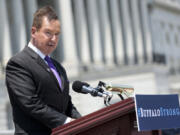 Rep. Brian Higgins (D-NY) delivers remarks at a Congressional Tri-Caucus event on the mass shooting at the Tops Grocery Store in Buffalo, NY, from the House East Front Steps at the U.S. Capitol on May 19, 2022, in Washington, DC. Members from the Congressional Black Caucus, Congressional Hispanic Caucus and the Congressional Asian Pacific American Caucus gathered to speak on the shooting and the rise in &ldquo;replacement theory&rdquo; rhetoric.