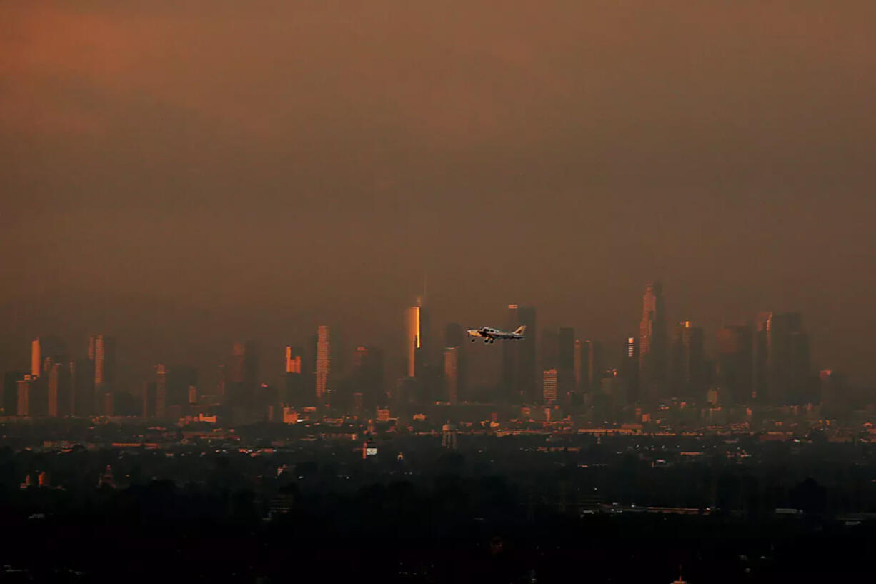 The Los Angeles skyline in early December. A no-burn order is in effect for a swath of Southern California.