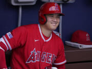 FILE - Los Angeles Angels' Shohei Ohtani smiles before a baseball game, Wednesday, Aug. 30, 2023, in Philadelphia. Shohei Ohtani is a favorite to win his second AL Most Valuable Player award, Thursday, Nov. 16, 2023, and is likely to speak publicly since tearing an elbow ligament on Aug. 9, an injury that required surgery and will keep him off the mound next year.